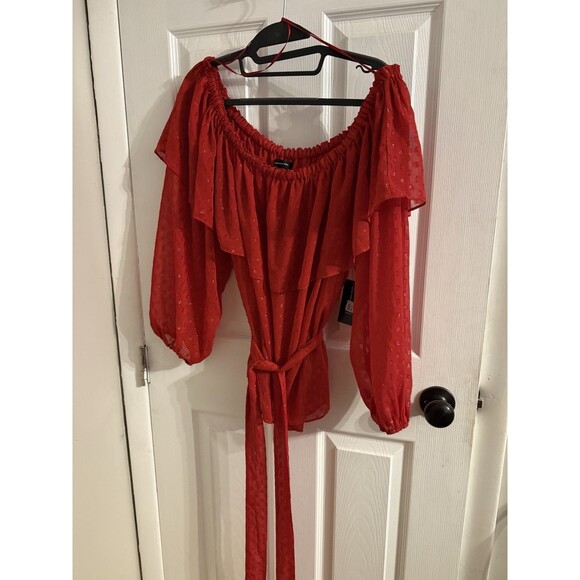 International Concepts INC Red Off Shoulder Polka Dot Shimmering Blouse Size XL - Picture 1 of 14